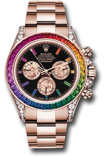 Rolex 18K Everose Cosmograph Daytona 40mm Watch - 36 Baguette-Cut Sapphires In Rainbow Graduation Bezel - Black Rainbow Sapphire Dial - 116595RBOW bkgcs