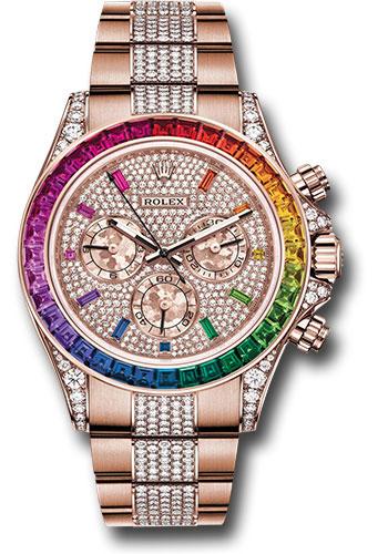 Rolex 18K Everose Cosmograph Daytona 40mm Watch - 36 Baguette-Cut Sapphires In Rainbow Graduation Bezel - Diamond Paved Rainbow Sapphire Dial - Diamond Bracelet - 116595RBOW dpgcs