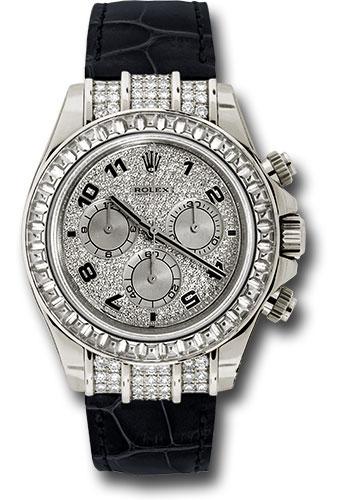 Rolex White Gold Cosmograph Daytona 40mm Watch - Baguette Bezel, Pave Diamond Arabic Dial - Black Leather Strap - 116599TBR