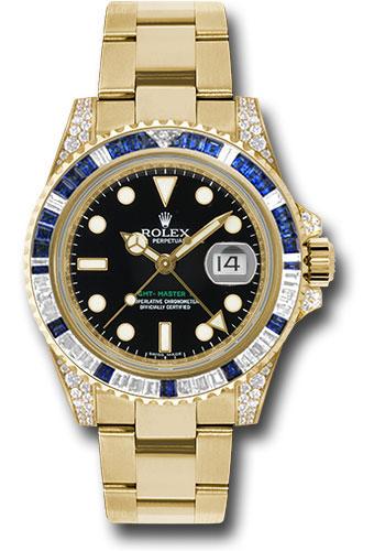 Rolex Yellow Gold GMT-Master II 40mm Watch - Diamond Lugs, Diamond And Blue Sapphire Bezel - Black Dial - Oyster Bracelet - (Discontinued Model) 116758SA