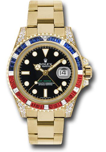 Rolex Yellow Gold GMT-Master II 40mm Watch - Diamond Lugs, Sapphire Ruby Diamond Bezel - Black Dial - Oyster Bracelet - (Discontinued Model) 116758SARU