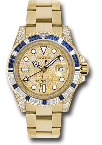 Rolex 18K Yellow Gold GMT-Master II 40mm Watch - Diamond Lugs, Diamond And Blue Sapphire Bezel - Pave Diamond Dial - Oyster Bracelet - (Discontinued Model) 116758SA