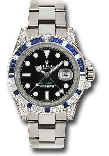 Rolex White Gold GMT-Master II 40mm Watch - Diamond Lugs,  Diamond And Blue Sapphire Bezel - Black Dial - Oyster Bracelet - (Discontinued Model) 116759SA