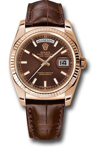 Rolex Everose Gold Day-Date 36mm Watch - 18k Rose Gold Fluted Bezel - Chocolate Index Dial - Brown Leather Strap - (Discontinued Model) 118135 chl