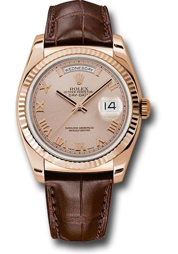 Rolex Everose Gold Day-Date 36mm Watch - 18k Rose Gold Fluted Bezel - Pink Roman Dial - Brown Leather Strap  - (Discontinued Model) 118135 prl