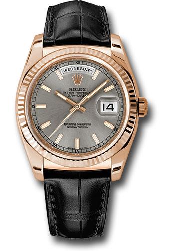 Rolex Everose Gold Day-Date 36mm Watch - 18k Rose Gold Fluted Bezel - Rhodium Index Dial - Black Leather Strap - (Discontinued Dial) 118135 rhl