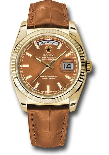 Rolex Yellow Gold Day-Date 36mm Watch - Fluted Bezel - Cognac Index Dial - Cognac Leather - (Discontinued Model) 118138 col