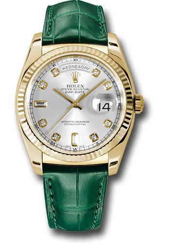 Rolex Yellow Gold Day-Date 36mm Watch - Fluted Bezel - Silver Diamond Dial - Green Leather - (Discontinued Model) 118138 sdl