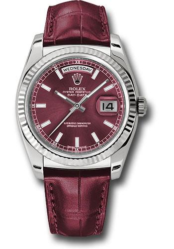 Rolex White Gold Day-Date 36mm Watch - 18k White Gold Fluted Bezel - Cherry Red Index Dial - Cherry Red Leather - (Discontinued Model) 118139 chl