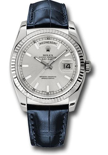 Rolex White Gold Day-Date 36mm Watch -18k White Gold  Fluted Bezel - Silver Index Dial - Blue Leather - (Discontinued Model) 118139 sibl