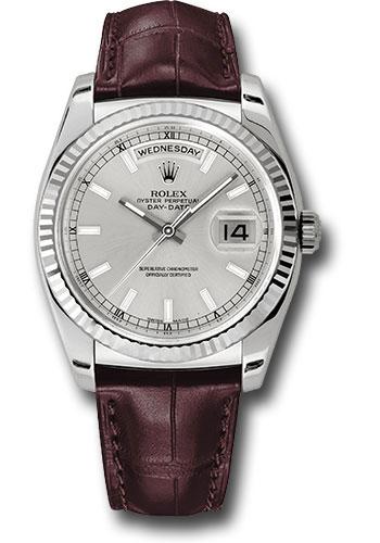 Rolex White Gold Day-Date 36mm Watch - 18k White Gold Fluted Bezel - Silver Index Dial - Brown Leather - (Discontinued Model) 118139 sibr