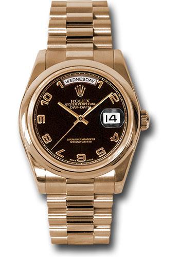 Rolex Pink Gold Day-Date 36mm Watch - 18K Rose Gold Domed/Smooth Bezel - Black Arabic Dial - President Bracelet -(Discontinued Model) 118205 bkap