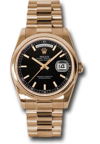 Rolex Pink Gold Day-Date 36mm Watch - 18K Rose Gold Smooth/Domed Bezel - Black Index Dial - President Bracelet -(Discontinued Model) 118205 bksp