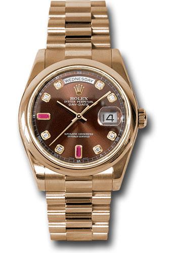 Rolex Everose Gold Day-Date 36mm Watch -18k Rose Gold Smooth/Domed Bezel - Chocolate Diamond And Ruby Dial - President Bracelet -(Discontinued Model) 118205 chodrp