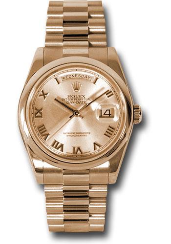 Rolex Pink Gold Day-Date 36mm Watch - 18k Rose Gold Smooth/Domed Bezel - Pink/Sundust Roman Dial - President Bracelet - (Discontinued Model) 118205 chrp