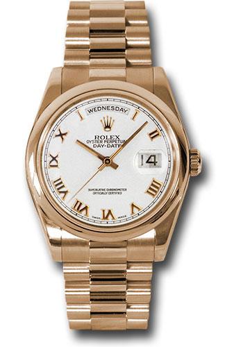 Rolex Pink Gold Day-Date 36mm Watch - 18k Rose Gold Smooth/Domed Bezel - White Roman Dial - President Bracelet -(Discontinued Model) 118205 wrp