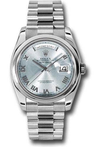 Rolex Platinum Day-Date 36mm Watch - Platinum Smooth/Domed Bezel - Glacier Blue Roman Dial - President Bracelet - (Discontinued Model) 118206 glarp