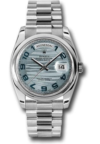 Rolex Platinum Day-Date 36mm Watch -Platinum Smooth/Domed Bezel - Ice Blue Wave Arabic Dial - President Bracelet - (Discontinued Model) 118206 glawap