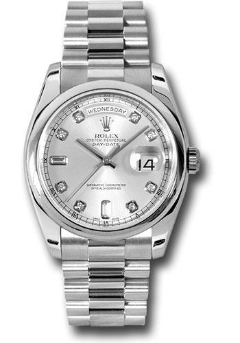 Rolex Platinum Day-Date 36mm Watch - Platinum Smooth/Domed Bezel - Silver Diamond Dial - President Bracelet - (Discontinued Model) 118206 sdp