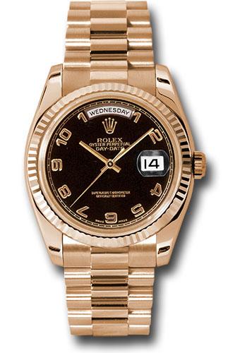 Rolex Pink Gold Day-Date 36mm Watch - 18k Rose Gold Fluted Bezel - Black Arabic Dial - President Bracelet - (Discontinued Model) 118235 bkap