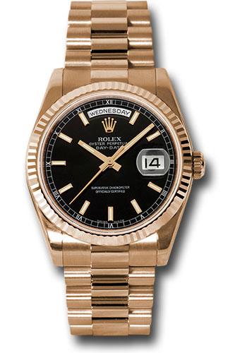 Rolex Pink Gold Day-Date 36mm Watch - 18k Rose Gold Fluted Bezel - Black Index Dial - President Bracelet - (Discontinued Model) 118235 bksp