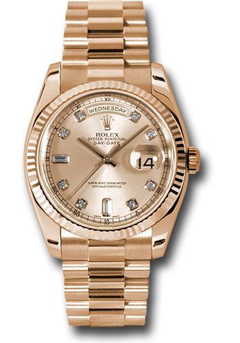 Rolex Pink Gold Day-Date 36mm Watch - 18k Rose Gold Fluted Bezel - Pink/Sundust Diamond Dial - President Bracelet - (Discontinued Model) 118235 chdp