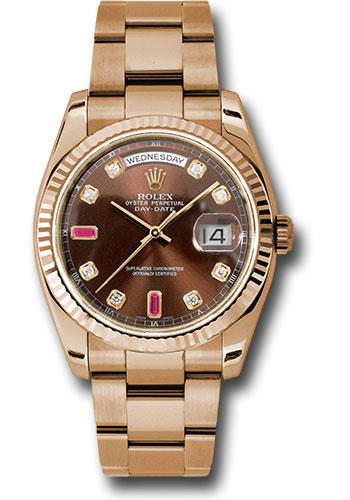 Rolex Everose Gold Day-Date 36mm Watch - Fluted Bezel - Chocolate Diamond And Ruby Dial - Oyster Bracelet - (Discontinued Model) 118235 chodro