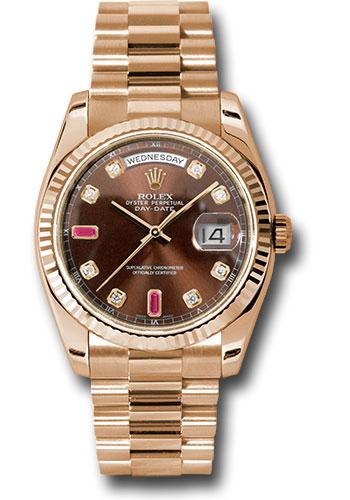 Rolex Everose Gold Day-Date 36mm Watch - Fluted Bezel - Chocolate Diamond And Ruby Dial - President Bracelet - (Discontinued Model) 118235 chodrp