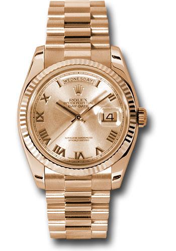 Rolex Pink Gold Day-Date 36mm Watch - 18k Rose Gold Fluted Bezel - Pink/Sundust Roman Dial - President Bracelet -(Discontinued Model) 118235 chrp