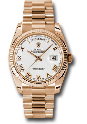 Rolex Pink Gold Day-Date 36mm Watch - 18k Rose Gold Fluted Bezel - White Roman Dial - President Bracelet - (Discontinued Model) 118235 wrp