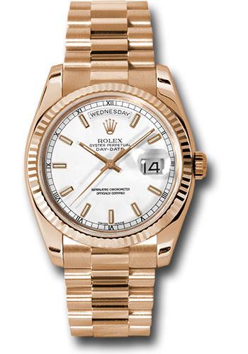 Rolex Pink Gold Day-Date 36mm Watch - 18k rose Gold Fluted Bezel - White Index Dial - President Bracelet - (Discontinued Model) 118235 wsp