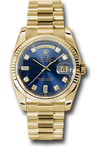 Rolex Yellow Gold Day-Date 36mm Watch - Fluted Bezel - Blue Diamond Dial - President Bracelet - (Discontinued Model) 118238 bdp