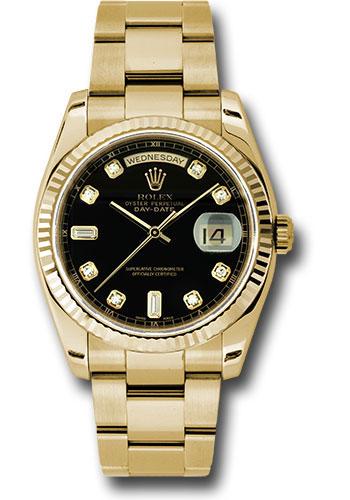 Rolex Yellow Gold Day-Date 36mm Watch - Fluted Bezel - Black Diamond Dial - Oyster Bracelet - (Discontinued Model) 118238 bkdo