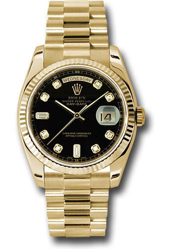 Rolex Yellow Gold Day-Date 36mm Watch - Fluted Bezel - Black Diamond Dial - President Bracelet - (Discontinued Model) 118238 bkdp