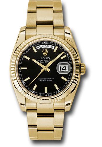 Rolex Yellow Gold Day-Date 36mm Watch - 18k Yellow Gold Fluted Bezel - Black Index Dial - Oyster Bracelet - (Discontinued Model) 118238 bkso