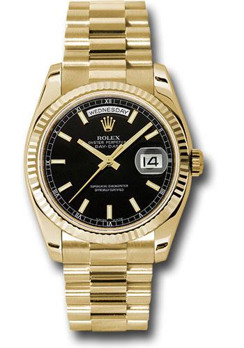 Rolex Yellow Gold Day-Date 36mm Watch - 18k Yellow Gold Fluted Bezel - Black Index Dial - President Bracelet - (Discontinued Model) 118238 bksp