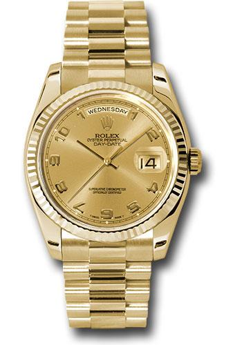 Rolex Yellow Gold Day-Date 3mm Watch - 18k Yellow Gold Fluted Bezel - Champagne Arabic Dial - President Bracelet - (Discontinued Model) 118238 chap