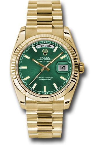 Rolex Yellow Gold Day-Date 36mm Watch - Fluted Bezel - Green Index Dial - President Bracelet - (Discontinued Model) 118238 grip