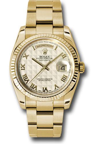 Rolex Yellow Gold Day-Date 36mm Watch - Fluted Bezel - Ivory Pyramid Roman Dial - Oyster Bracelet - (Discontinued Model) 118238 ipro