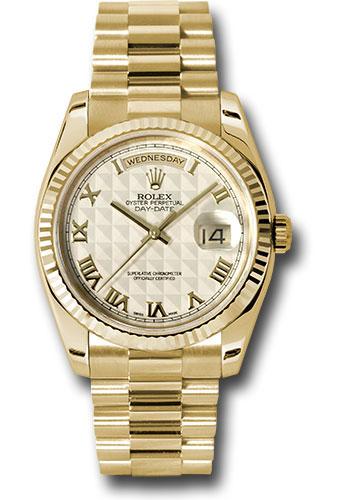 Rolex Yellow Gold Day-Date 36mm Watch - Fluted Bezel - Ivory Pyramid Roman Dial - President Bracelet - (Discontinued Model) 118238 iprp