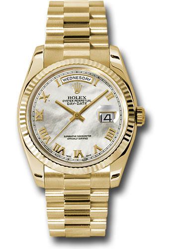 Rolex Yellow Gold Day-Date 36mm Watch - Fluted Bezel - Mother-Of-Pearl Roman Dial - President Bracelet - (Discontinued Model) 118238 mrp