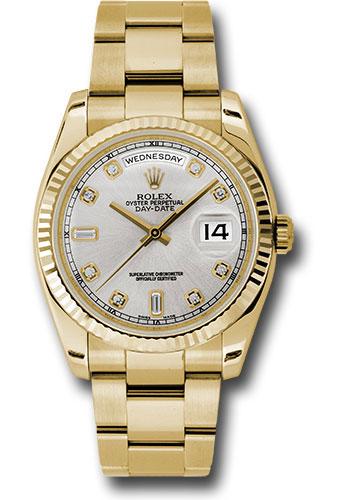 Rolex Yellow Gold Day-Date 36mm Watch - Fluted Bezel - Silver Diamond Dial - Oyster Bracelet - (Discontinued Model) 118238 sdo