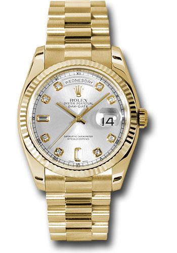 Rolex Yellow Gold Day-Date 36mm Watch - Fluted Bezel - Silver Diamond Dial - President Bracelet - (Discontinued Model) 118238 sdp