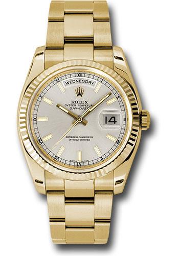 Rolex Yellow Gold Day-Date 36mm Watch -18k Yellow Gold Fluted Bezel - Silver Index Dial - Oyster Bracelet - (Discontinued Model) 118238 sio