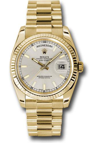 Rolex Yellow Gold Day-Date 36mm Watch - Fluted Bezel - Silver Index Dial - President Bracelet - (Discontinued Model) 118238 sip