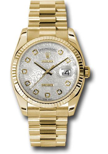 Rolex Yellow Gold Day-Date 36mm Watch - Fluted Bezel - Silver Jubilee Diamond Dial - President Bracelet - (Discontinued Model) 118238 sjdp