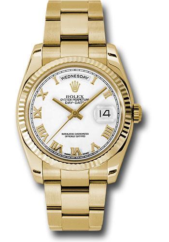 Rolex Yellow Gold Day-Date 36mm Watch - 18k Yellow Gold Fluted Bezel - White Roman Dial - Oyster Bracelet - (Discontinued Model) 118238 wro