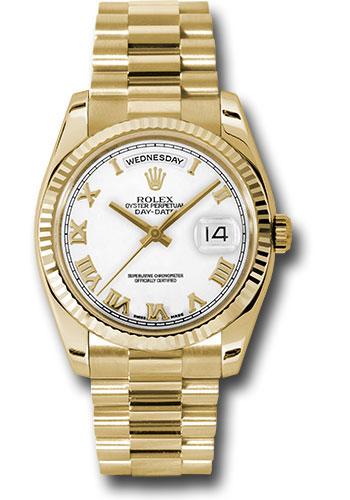 Rolex Yellow Gold Day-Date 36mm Watch - Fluted Bezel - White Roman Dial - President Bracelet - (Discontinued Model) 118238 wrp