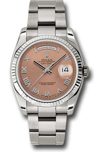 Rolex White Gold Day-Date 36mm Watch - 18k White Gold Fluted Bezel - Salmon Roman Dial - Oyster Bracelet - (Discontinued Model) 118239 cro