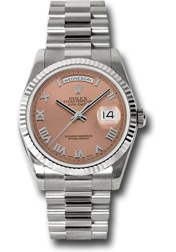 Rolex White Gold Day-Date 36mm Watch - 18k White Gold Fluted Bezel - Salmon Roman Dial - President Bracelet - (Discontinued Model) 118239 crp